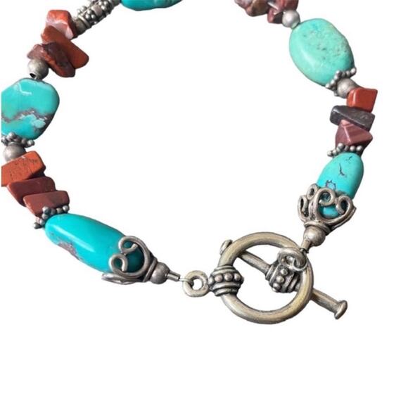 Turquoise and Red Stone Silver Tone Bracelet - Picture 2 of 3